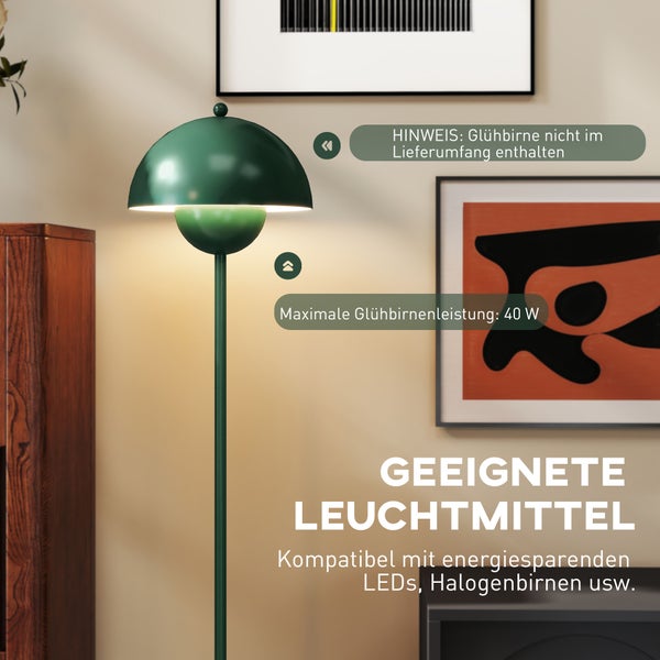 Stehlampe mit maximal 40 Watt Leistung, Leuchtmittel nicht enthalten, geeignet für energieeffiziente LEDs und Halogenlampen