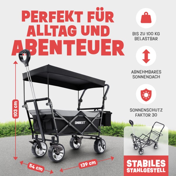 Zusammenklappbarer Bollerwagen mit Sonnendach, Sonnenschutzfaktor 30, Stahlgestell, Tragkraft 100 Kilogramm, Maße 139 mal 54 mal 103 Zentimeter.