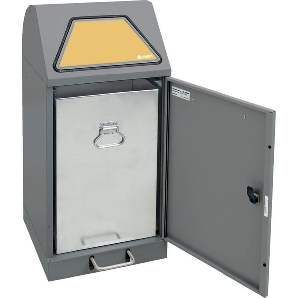 Abfallbehälter mit Metalleinsatz und geöffneter Tür