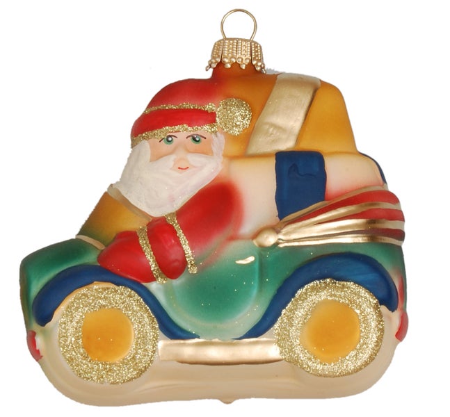 Multicolor matt 9cm Weihnachtsmann in seinem Auto, Glassornament, mundgeblasen, handdekoriert (1), 1 Stck., Weihnachtsbaumkugeln, Christbaumschmuck, Weihnachtsbaumanhänger