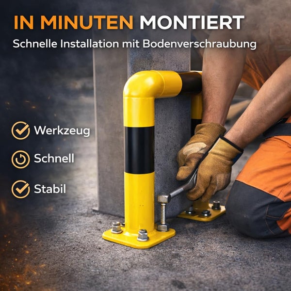 Person montiert einen gelb-schwarzen Rammschutzbügel aus Stahl mit einer Bodenverschraubung an einem Betonpfeiler.