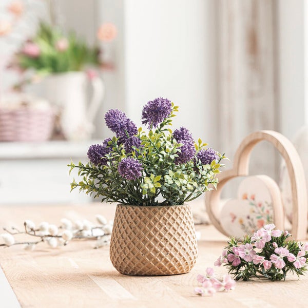 FRANK FLECHTWAREN|Kunstblume Purple im Topf, Ø 12 x 18 cm, SCHAUMSTOFF, ZEMENT, POLYETHYLEN