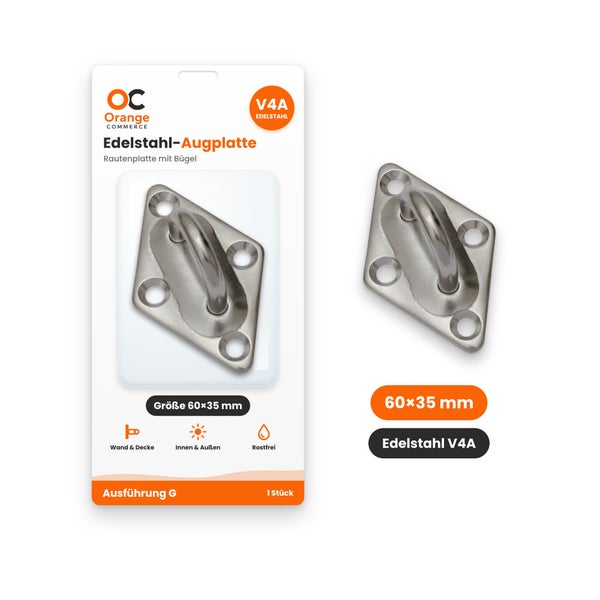 Orange Commerce Edelstahl Augplatte in Rautenform mit Bügel, Größe 60 mal 35 Millimeter, V4A Edelstahl für Wand und Decke innen und außen.