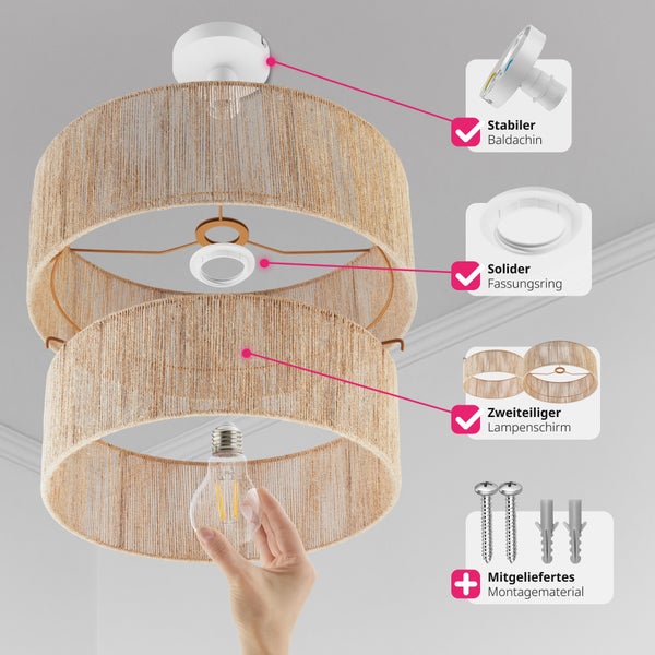Zweiteilige Hängeleuchte mit stabilem Baldachin, solidem Fassungsring und mitgeliefertem Montagematerial