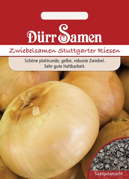 Dürr Samen Zwiebelsamen Stuttgarter Riesen, Samentüte mit Abbildung von Zwiebeln und einer Ansicht des Saatguts.
