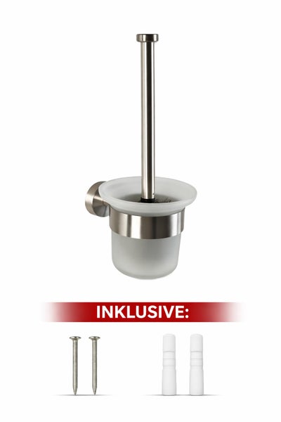 Wand-WC-Bürstengarnitur aus mattiertem Glas und Edelstahl inklusive Befestigungsmaterial mit zwei Schrauben und zwei Dübeln.