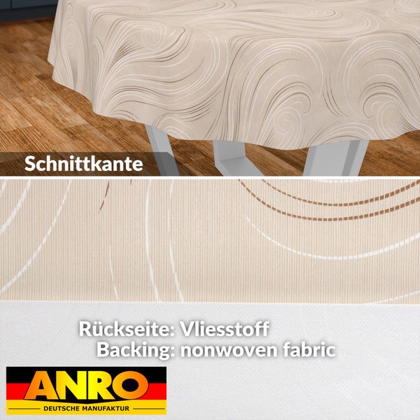 Rundes Wachstuch mit Wellenmuster, Vliesstoff-Rückseite und Detailansicht der Schnittkante. ANRO Deutsche Manufaktur Logo.