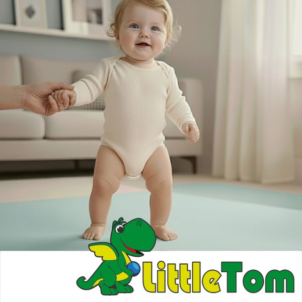 Ein Baby steht auf einer weichen Spielmatte in einem hellen Wohnzimmer und wird an der Hand gehalten. LittleTom Logo.