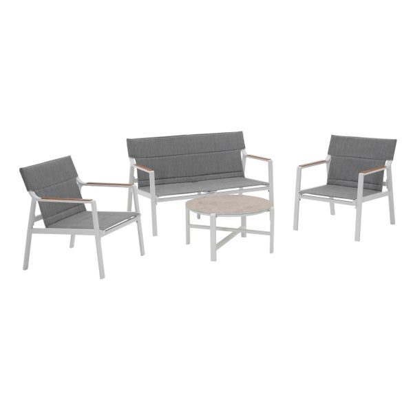 Garten-Lounge-Set aus weißem Aluminium mit grauem Textilbezug, bestehend aus Zweisitzer-Sofa, zwei Sesseln und einem runden Couchtisch.