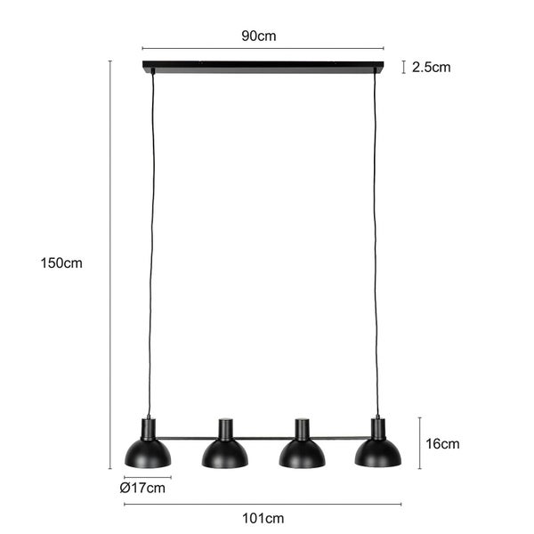 Abmessungen der Hängeleuchte mit vier Leuchten