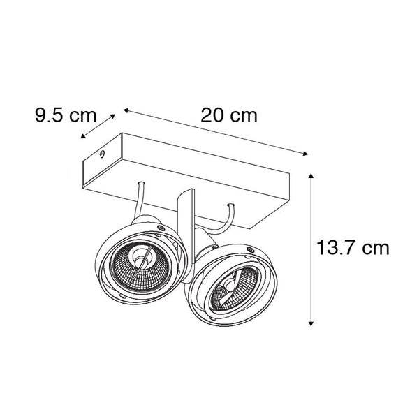 Technische Zeichnung einer Doppelspot-Deckenleuchte mit Maßangaben.