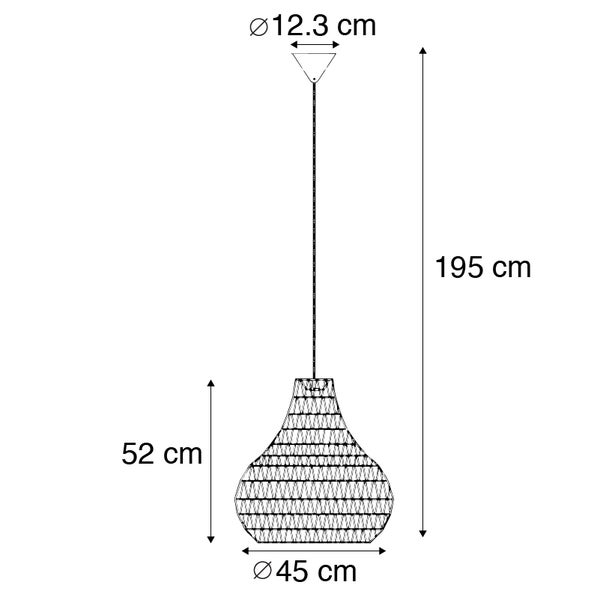 Maßzeichnung Pendelleuchte: Schirmhöhe 52 Zentimeter, Schirmdurchmesser 45 Zentimeter, Gesamthöhe 195 Zentimeter, Baldachindurchmesser 12,3 Zentimeter.