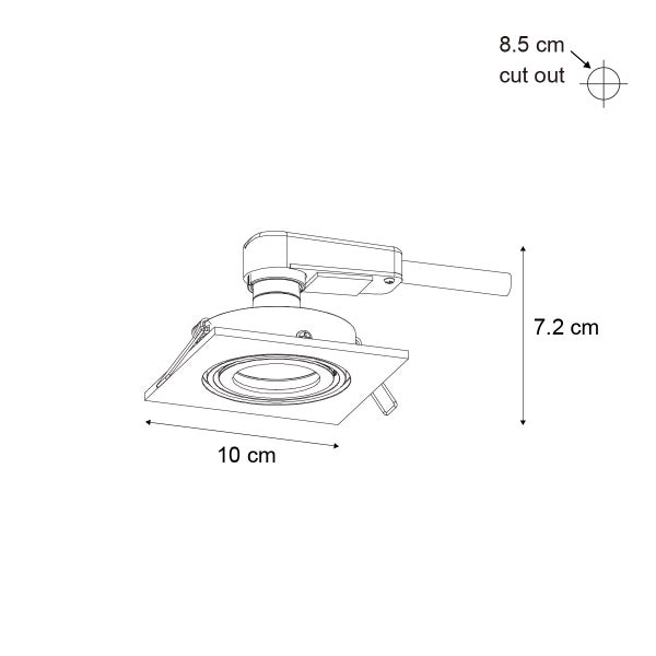 Maßzeichnung eines quadratischen Einbaustrahlers mit 10 Zentimeter Breite, 7,2 Zentimeter Einbauhöhe und 8,5 Zentimeter Lochausschnitt.