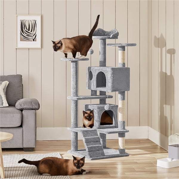 Grauer Katzenkratzbaum mit mehreren Ebenen und drei Siamkatzen in einem Wohnzimmer.