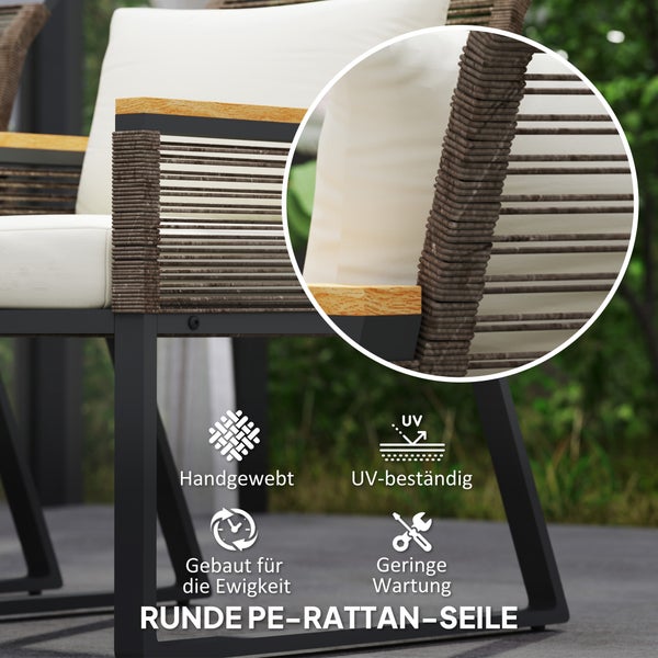 Outsunny Polyrattan Gartenmöbel Set 4 Personen wetterfest Balkonmöbel-Set mit 2er Sofa, 2 Stühle Glastisch Kissen Outdoor Sitzgruppe Gartengarnitur Gartenlounge für Garten Balkon Grau+Beige