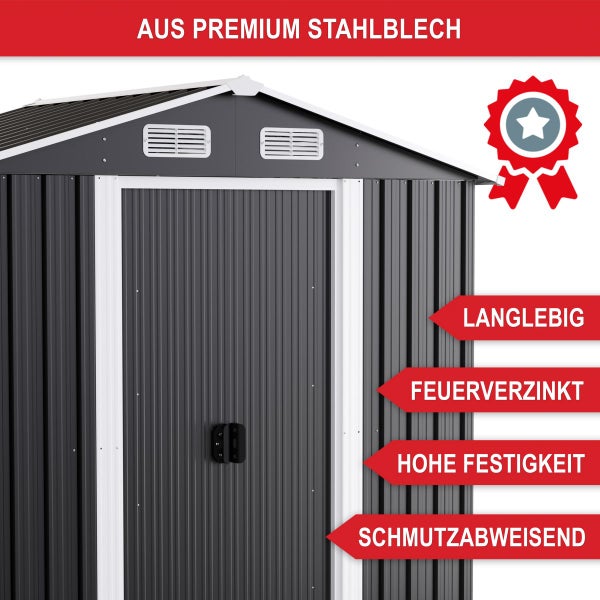 Gartenhaus aus hochwertigem Stahlblech, langlebig, feuerverzinkt, hohe Festigkeit und schmutzabweisende Oberfläche.