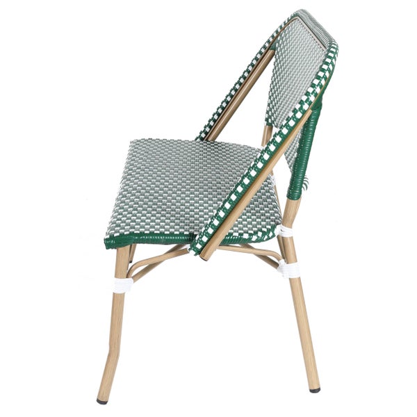 Bistrostuhl für den Garten mit grün-weiß geflochtener Sitzfläche und Rückenlehne sowie einem Metallgestell in hellbrauner Holzoptik.