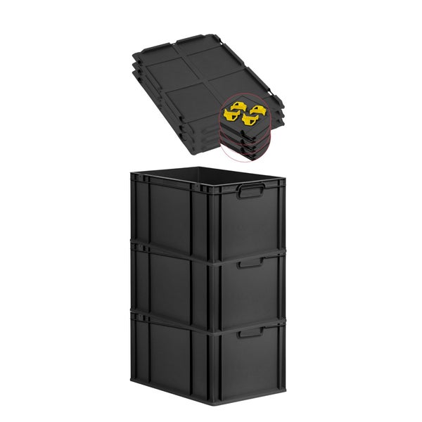PROREGAL SuperSparSet 3x Eurobox NextGen Grip mit Auflagedeckel inkl. 4 gelben Schiebeschnappverschlüssen, HxBxT 32x40x60cm, 65 Liter, Schwarz, Griffe geschlossen, Verstärkter Boden, Eurobehälter, Transportbox, Transportbehälter, Stapelbehälter