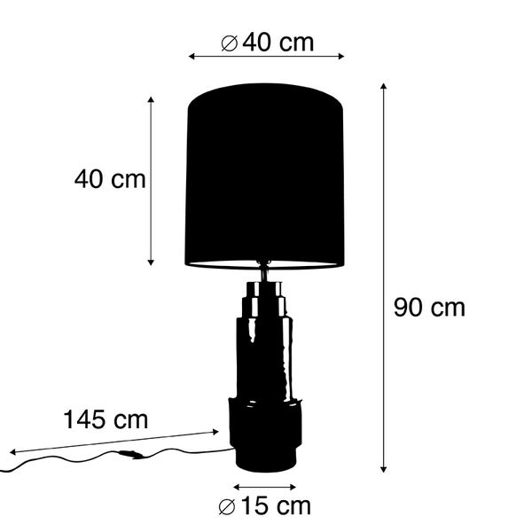 Abbildung einer Tischleuchte mit Maßangaben: Gesamthöhe 90 cm, Schirmdurchmesser 40 cm, Schirmhöhe 40 cm, Fußdurchmesser 15 cm, Kabellänge 145 cm.