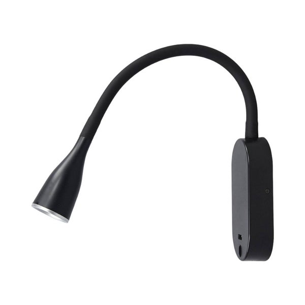 Schwarze LED-Wandleuchte mit flexiblem Schwanenhals und ovaler Wandhalterung.