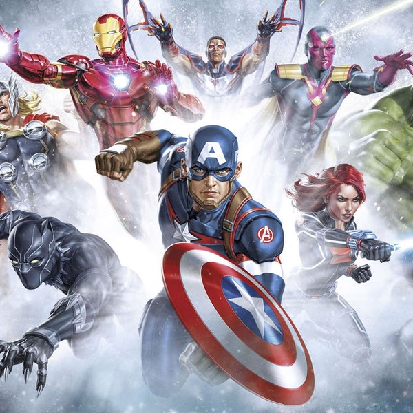 Illustration der Marvel Avengers Superhelden Gruppe, inklusive Captain America, Iron Man und Black Widow