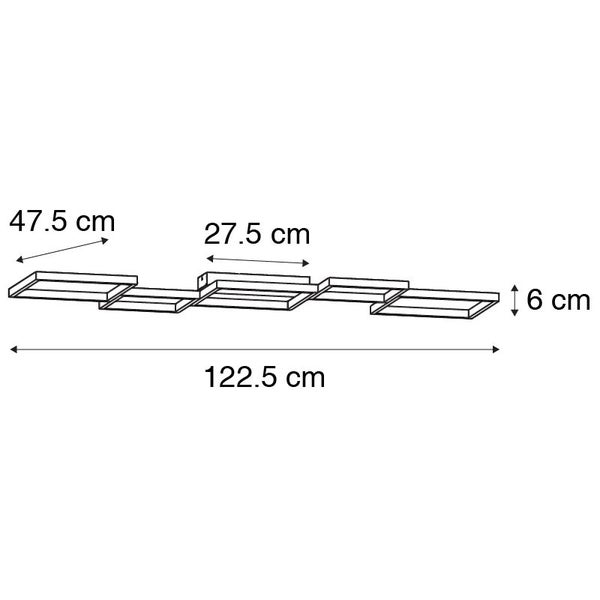 Skizze einer LED Deckenleuchte mit Maßen: Länge 122,5 Zentimeter, Höhe 6 Zentimeter, Tiefe 47,5 Zentimeter, Basis 27,5 Zentimeter.