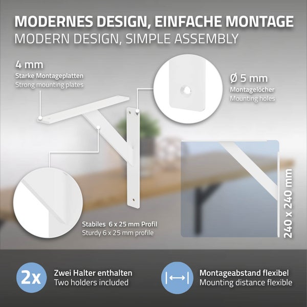 ML-Design 2 Stück Regalhalterung 240x240 mm, Weiß, Aluminium, Schwebende Regalhalterungen, Regalwinkel, Wandhalterung für Regalbrett, Regalträger für Wandmontage, Wandregal Wandkonsole Regalstütze