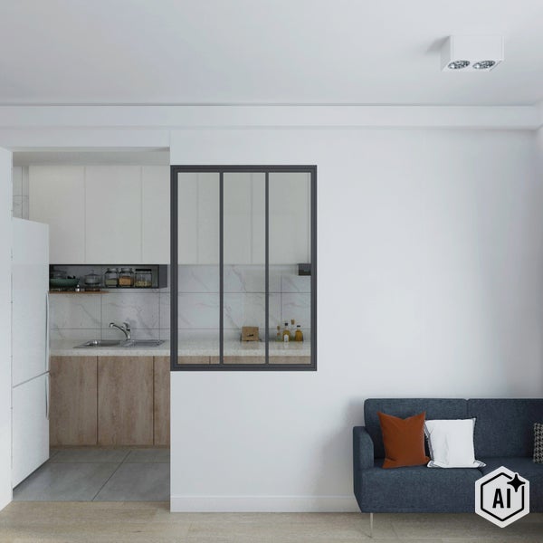 Heller Wohnraum mit Sofa und Durchblick in eine Küche