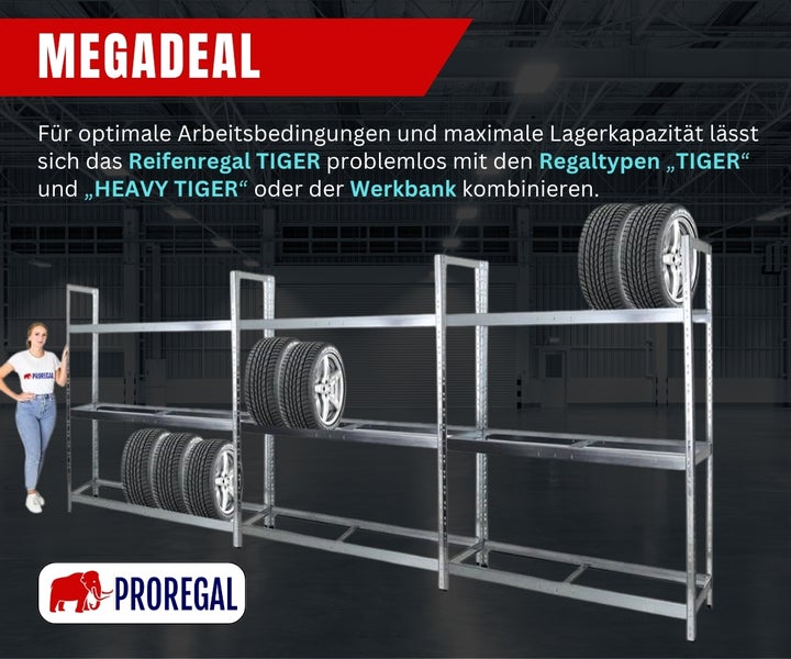 Modulares Reifenregal Tiger aus verzinktem Stahl mit drei Ebenen zur Lagerung von Reifen in einer Werkstatt. Proregal Logo.