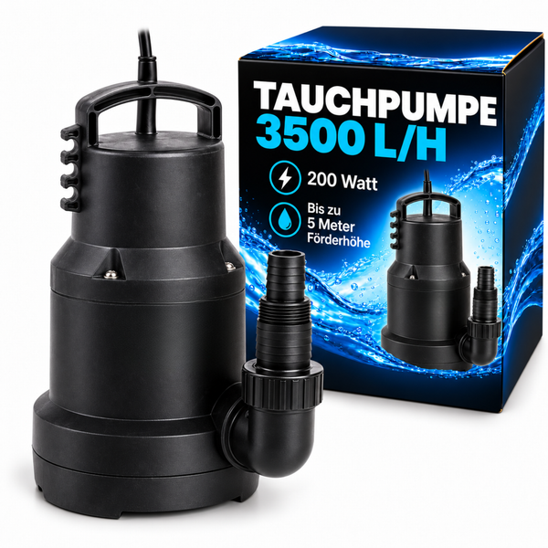 Schwarze Tauchpumpe mit 200 Watt Leistung, einer Förderleistung von 3500 Litern pro Stunde und 5 Meter Förderhöhe inklusive Produktverpackung.