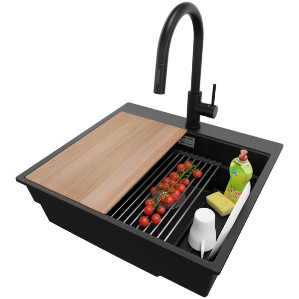 PRIMAGRAN Granitspüle Schwarz Metallic 58x53cm, Spülbecken 1 Becken + Küchenarmatur 40x20cm + Ablauf-Set + Küchenzubehörset, Küchenspüle ab 60er Unterschrank - Oslo Max