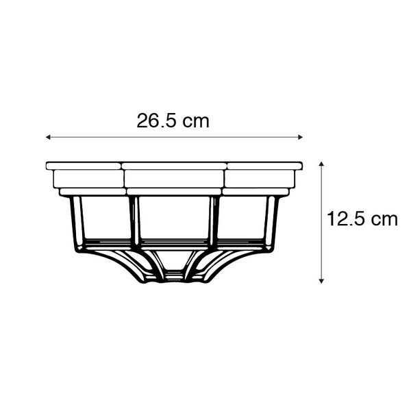 Skizze einer Deckenleuchte mit Maßangaben: Breite 26,5 Zentimeter und Höhe 12,5 Zentimeter.
