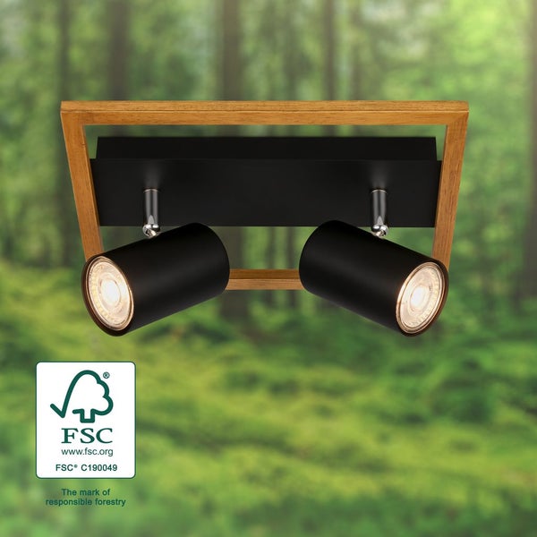 Spotlight, black, with wood, excl. 2xGU10/max. 9W