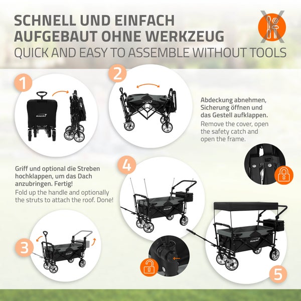 Hauki Bollerwagen XXL faltbar mit Dach & Tasche, Schwarz-Grau, Handwagen klappbar zum Schieben & Ziehen, Kinder Transportwagen, 360° drehbare Vorderräder, PU Räder mit Bremsen, Transportkarre 120 kg