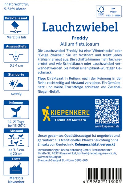 Saatguttüte Lauchzwiebel Freddy mit detaillierten Pflanzanleitungen, Aussaatzeit, Keimdauer und Informationen zur Ernte sowie Kiepenkerl Logo.