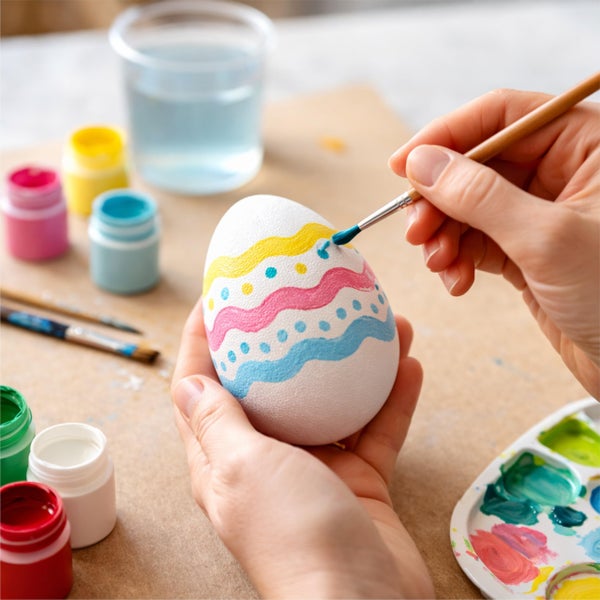 Hand beim Bemalen eines weißen Ostereies mit einem Pinsel und bunten Bastelfarben, inklusive Farbtöpfen und Mischpalette auf dem Tisch.