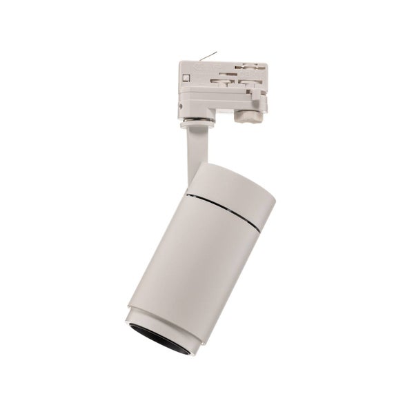 Weißer Schienenstrahler in zylindrischer Form mit verstellbarem Gelenk für Stromschienensysteme.