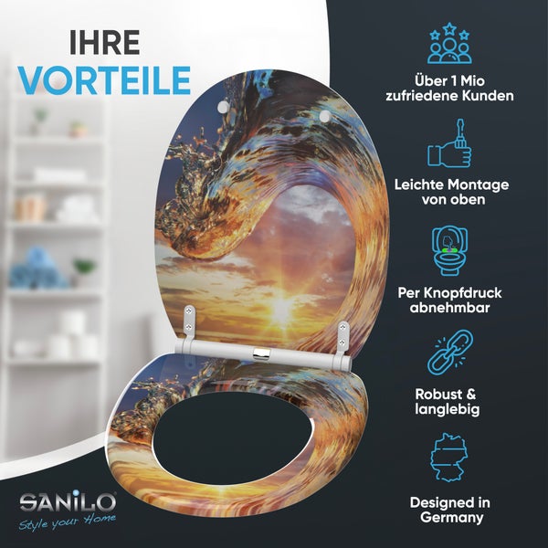 Sanilo WC-Sitz, Wellenmotiv. Über 1 Million Kunden, Montage von oben, per Knopfdruck abnehmbar, robust, entworfen in Deutschland. Sanilo Logo.