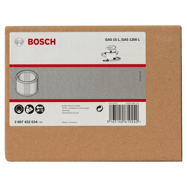 Verpackung für Bosch Filter GAS 15 L und GAS 1200 L mit Bosch Logo und Hinweisen zu Atemschutz und Bedienung.
