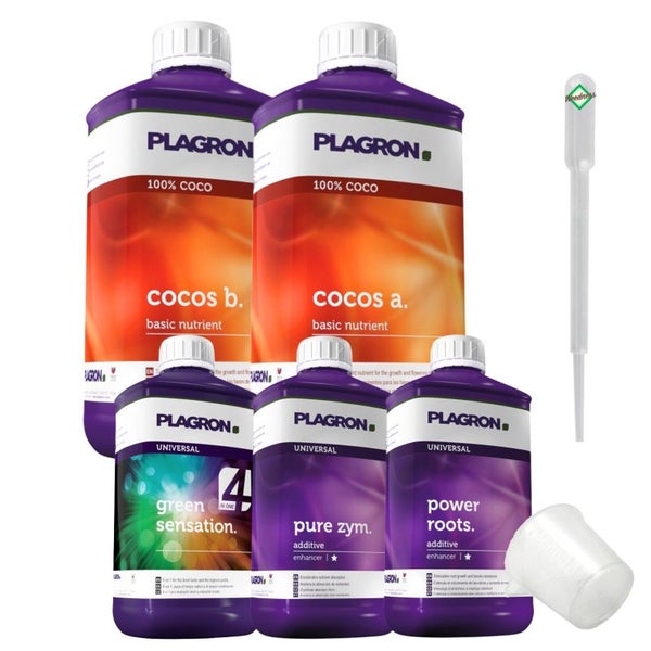 Plagron Coco Basic 5-Teiliges Dünger Set – Komplettnährstoff für Cocos-Anbau | Für Gesundes Wachstum & Reiche Blüten, inklusive Coco A&B, Green Sensation, pH-Kontrolle & mehr