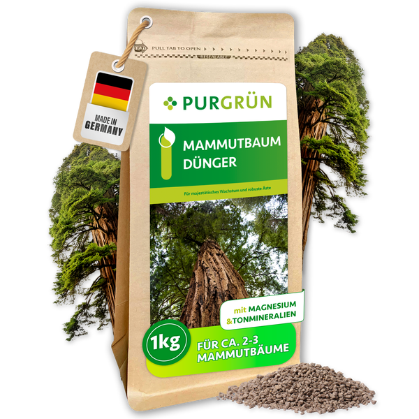 Eine Packung Purgrün Mammutbaum Dünger mit einem Kilogramm Inhalt, hergestellt in Deutschland, angereichert mit Magnesium und Tonmineralien.