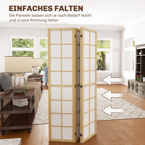 HOMCOM Paravent 4-teilig 160 x 170 cm Trennwand Raumteiler, Faltbar Raumtrenner Sichtschutz Stellwand für Wohnzimmer Natur
