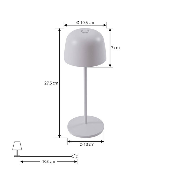 Tischleuchte: Höhe 27,5 Zentimeter, Schirm 10,5 mal 7 Zentimeter, Fuß 10 Zentimeter, Kabellänge 103 Zentimeter.