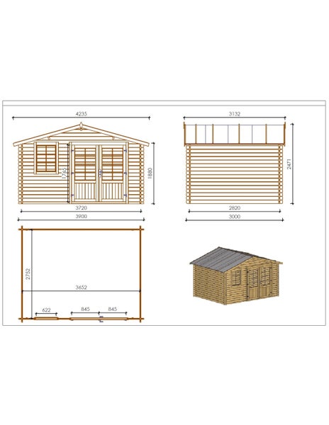 Technische Zeichnung eines Gartenhauses aus Holz mit Frontansicht, Seitenansicht, Grundriss und dreidimensionalem Modell mit Maßen in Millimetern.