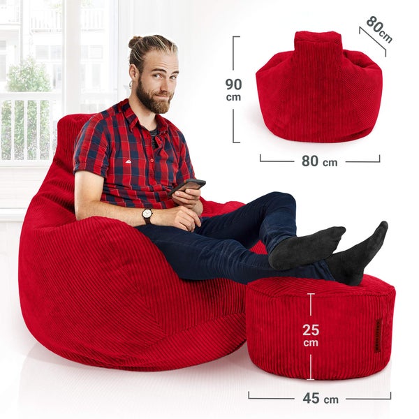 Green Bean Sitzsack mit Hocker aus Cord - Sitzsäcke für das Wohnzimmer, Schlafzimmer, Sitzsack-Sessel für Erwachsene Rot
