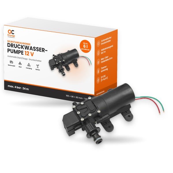 Selbstansaugende Druckwasserpumpe 12 Volt mit automatischem Druckschalter für Wohnmobil, Boot, Camping und Garten inklusive Produktverpackung.