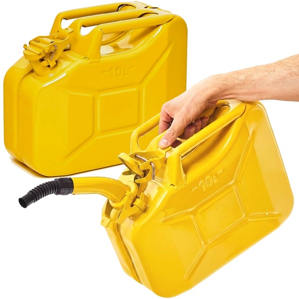 Gelber Metall-Kraftstoffkanister 10 Liter mit flexiblem Ausgießer.