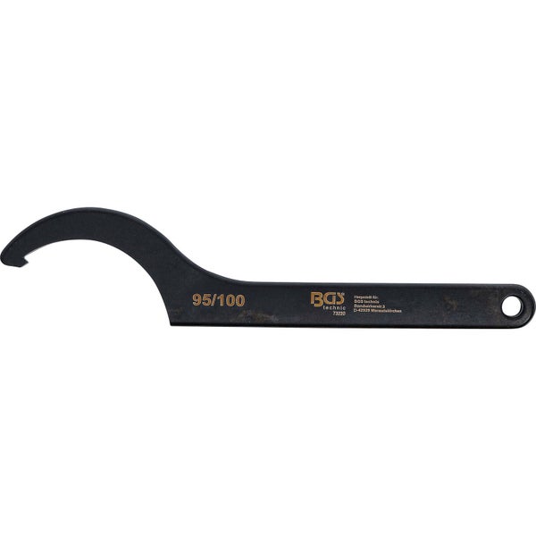 Schwarzer Hakenschlüssel von BGS technic, Größe 95 bis 100, aus Metall mit Aufhängeloch.