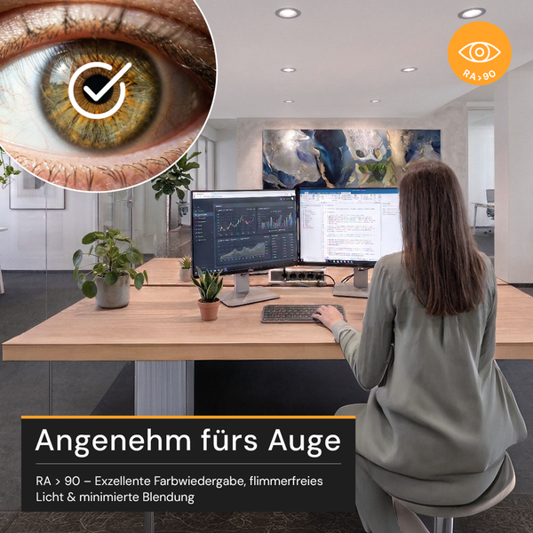 Modernes Büro mit augenfreundlicher Beleuchtung, hohem Farbwiedergabeindex grösser als 90 und flimmerfreiem Licht.