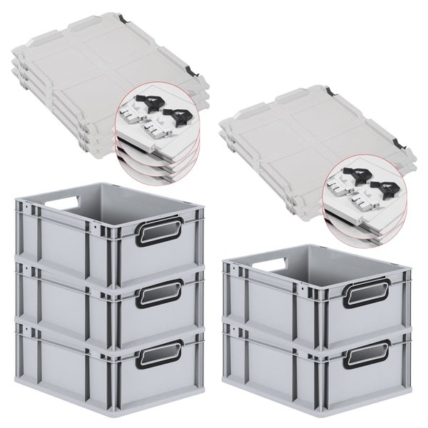 PROREGAL SuperSparSet 5x Eurobox NextGen Color mit Scharnierdeckel und Schiebeschnappverschlüssen, HxBxT 17x30x40cm, 16 Liter, Grau, Griffe schwarz offen, Eurobehälter, Transportbox, Transportbehälter, Stapelbehälter